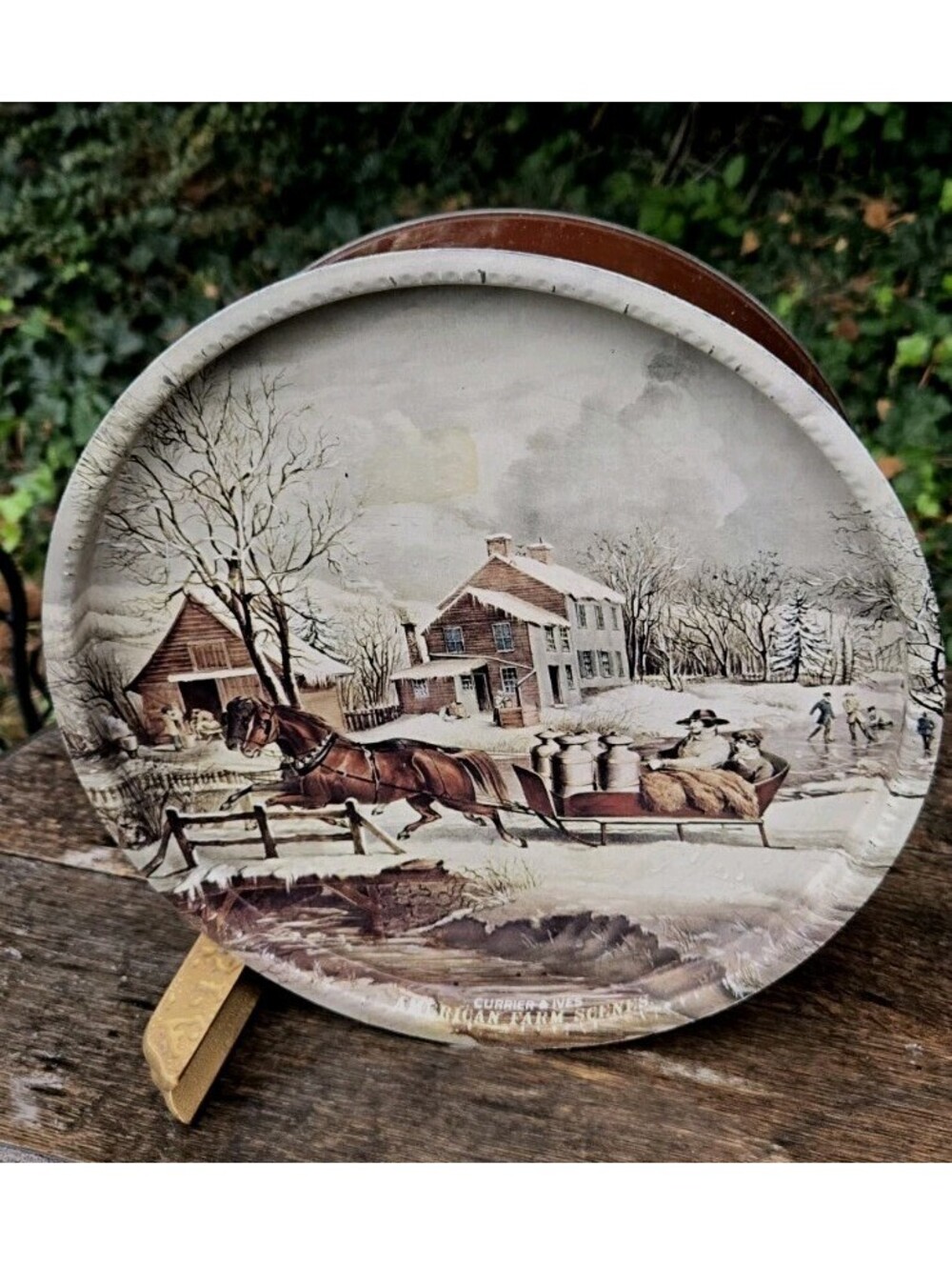 Currier & Ives "American Farm Scenes" Vintage  Brown Tin 10.0x4"